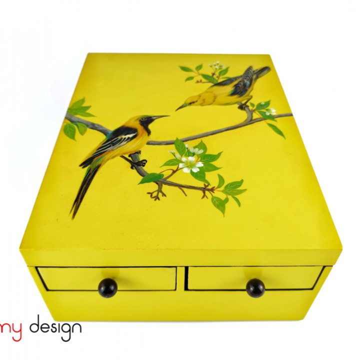 Yellow rectangular lacquer cabinet with 2 small drawers hand-painted with flowers and birds 22x28xH11 cm